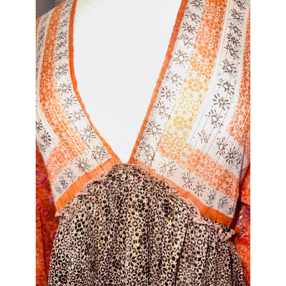 P2 Free People Aliyah Peasant Tunic Top Orange Mixed Print Metallic Boho Medium - Picture 3 of 7